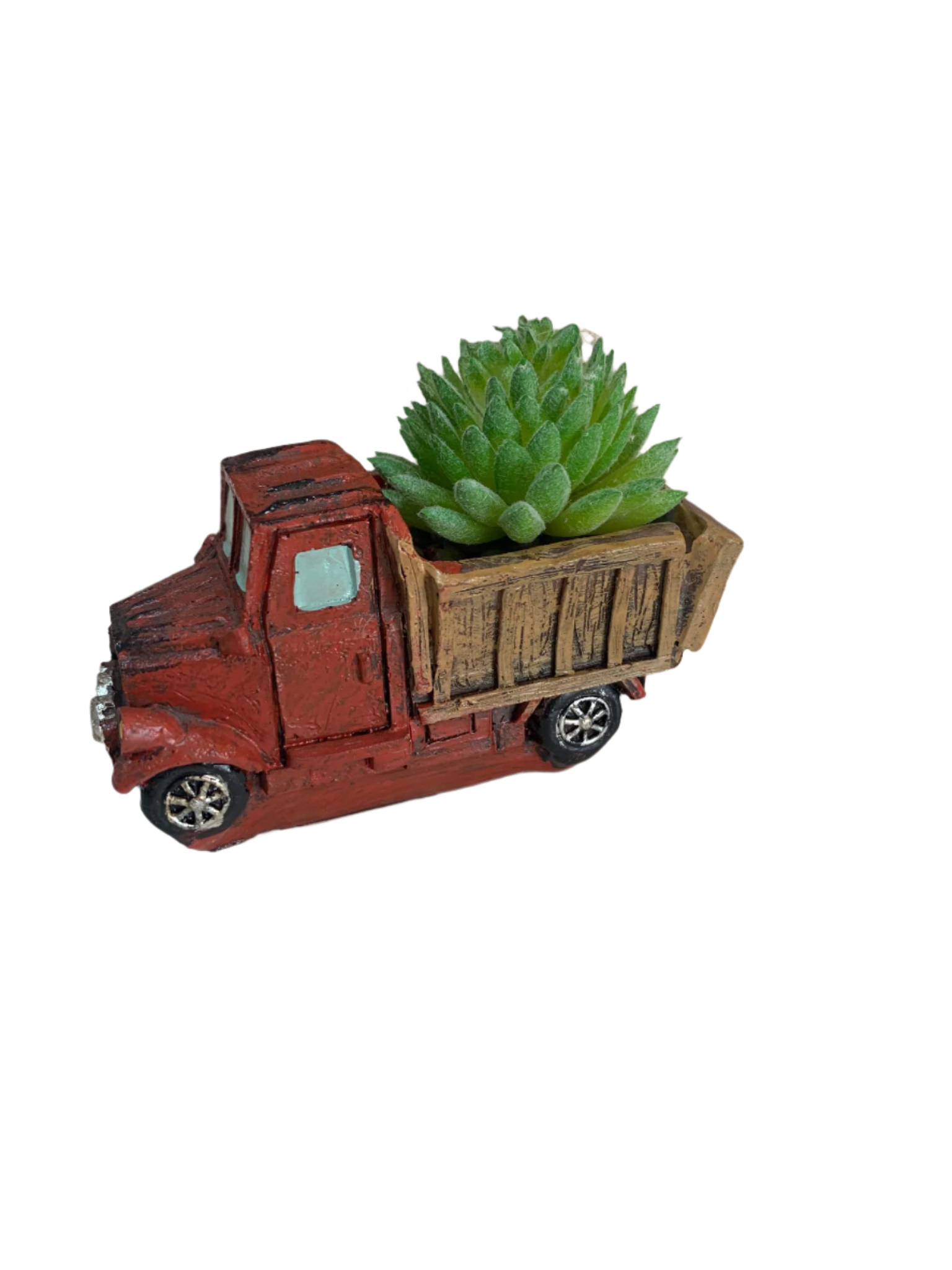 A Red & Green Plant Dump Truck features a faux plant on a white tabletop.