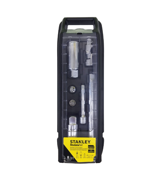 The Stanley Modular 8pc Set Socket is housed in a black plastic case with a clear lid, showcasing multiple socket and wrench pieces neatly arranged inside.