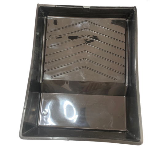 Deep Well Plastic Paint Tray in black features a ribbed incline leading to a deeper reservoir, set against a white background.