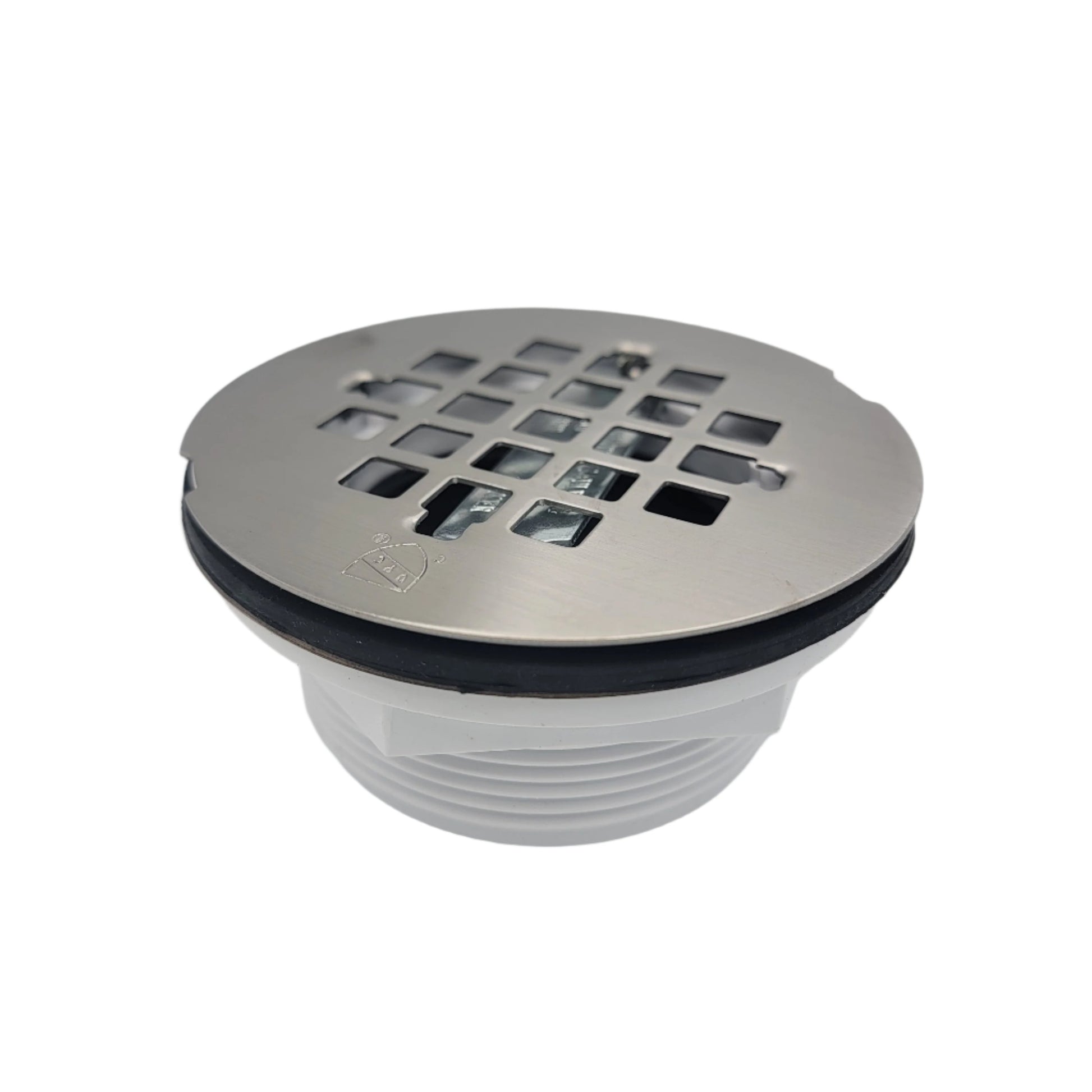 Westbrass d206p-20 PVC Compression shower drain features a metal cover with grid pattern and a black rubber seal, connected to a white pipe fitting.