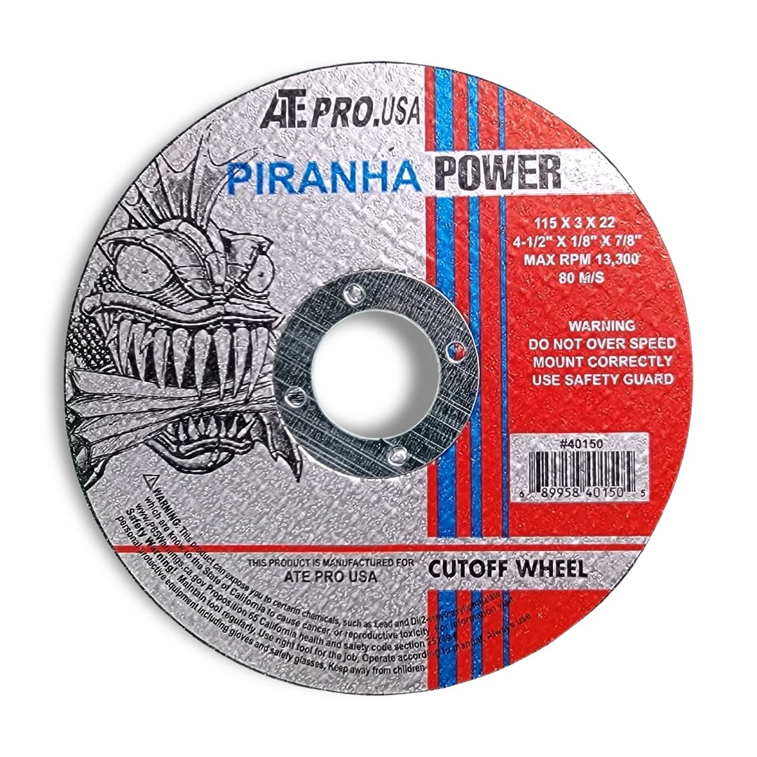 A 4-1/2" x 1/8" x 7/8" circular metal cutoff wheel branded "Piranha Power," featuring a piranha illustration, plus usage instructions and product details.