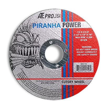 A 4-1/2" x 1/8" x 7/8" circular metal cutoff wheel branded "Piranha Power," featuring a piranha illustration, plus usage instructions and product details.