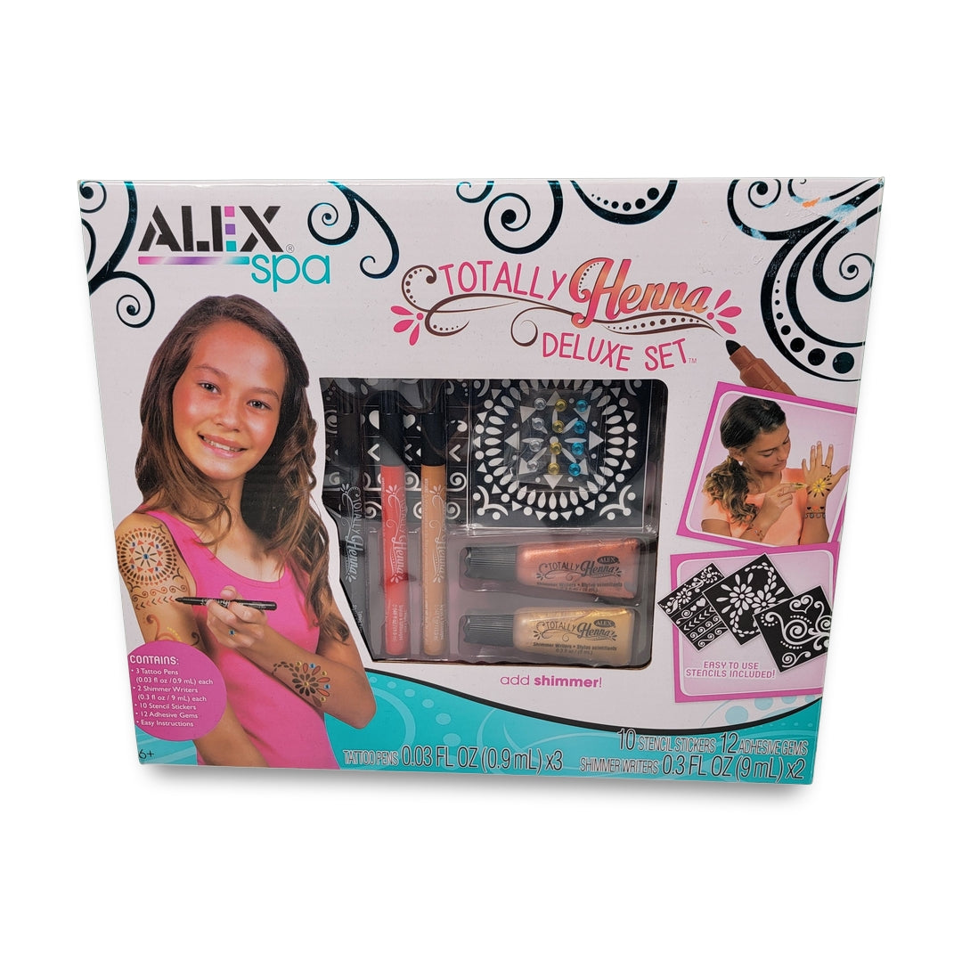Alex Spa Totally Henna package features a smiling child with henna designs on their arms, along with henna tools included in the set.