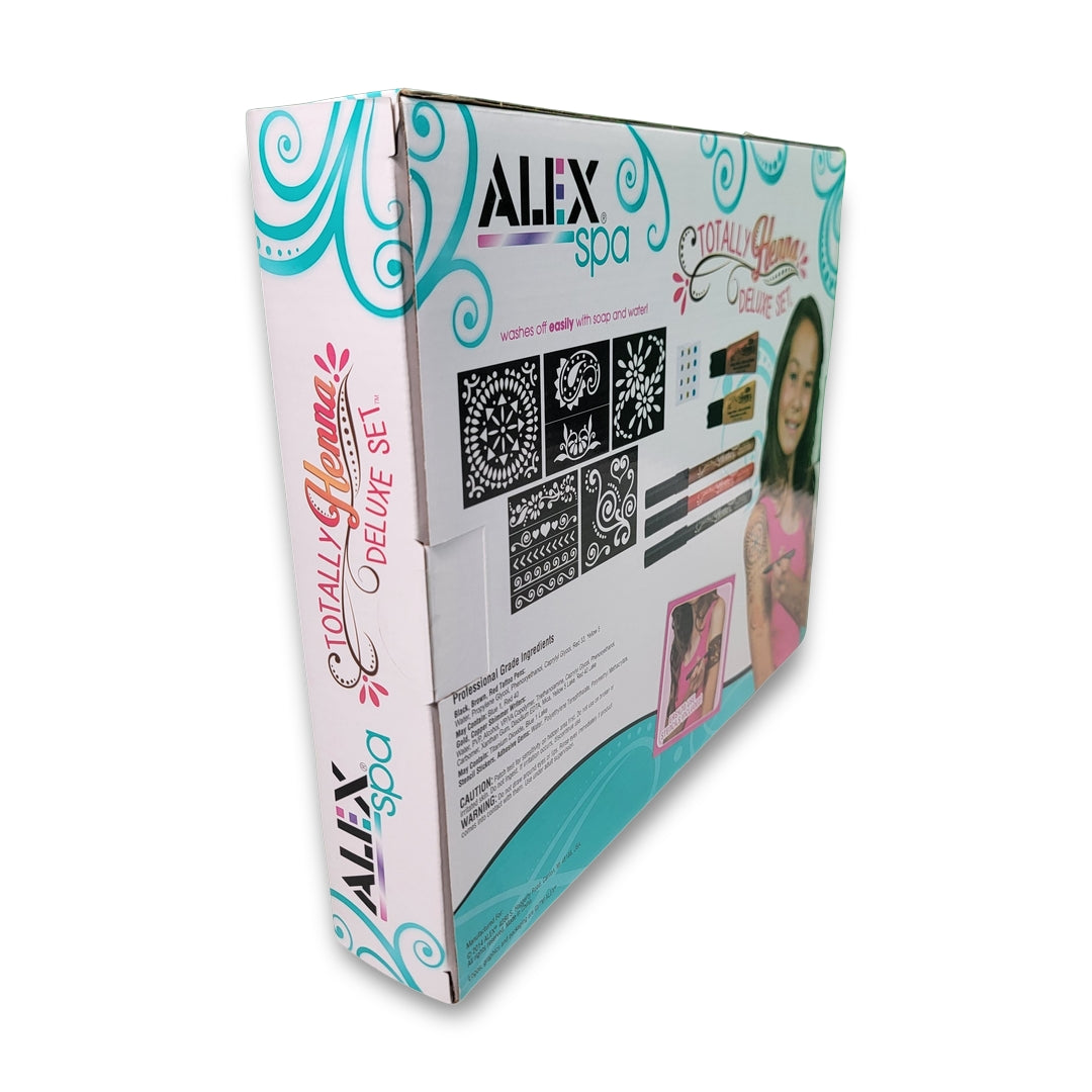 The image displays the back of an Alex Spa Totally Henna box featuring designs, a description, and a photo of a child using the product.