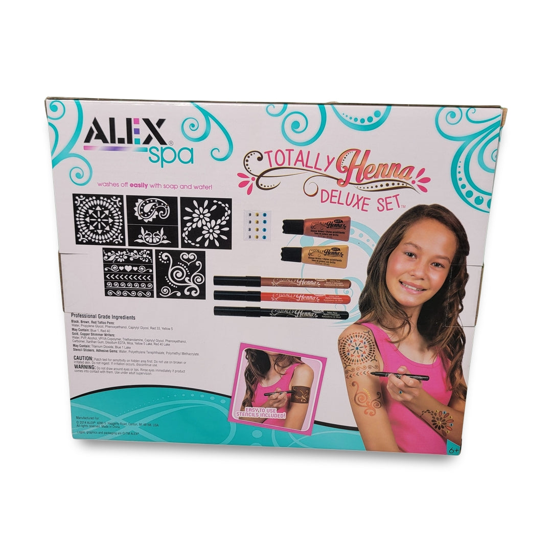 Box of "Alex Spa Totally Henna" featuring a young girl with henna art on her arm; includes stencils and markers.