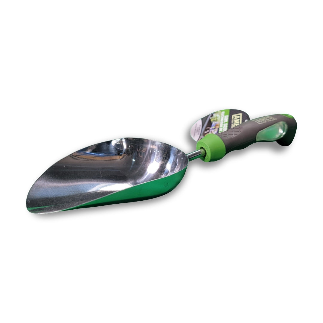 An Ames Ergo Gel Grip scoop, featuring a metal head and a green and black handle, is displayed on a white background.