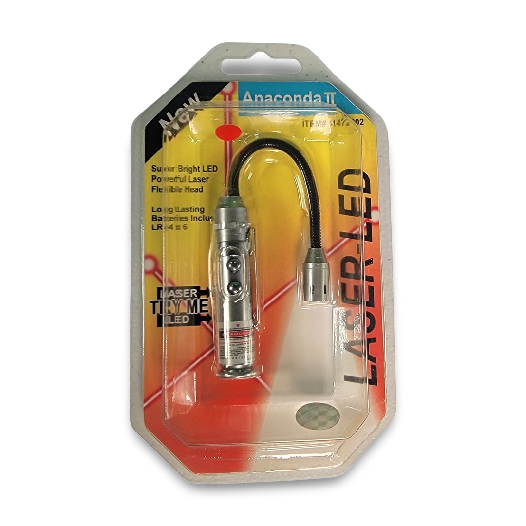 Flexible-necked LED Anaconda laser pointer, packaged on a display card.