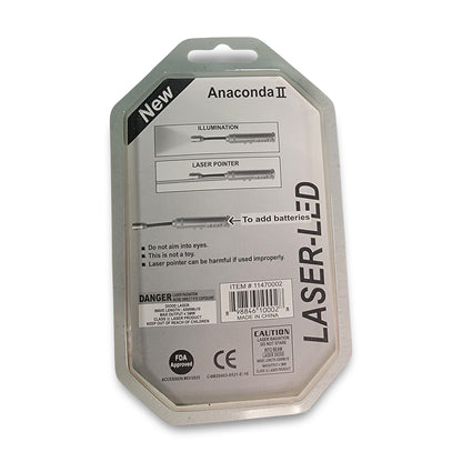 Packaging for Led Anaconda features a product image, battery installation instructions, and warnings like "Do not aim into eyes," along with FDA and CE approval markings.