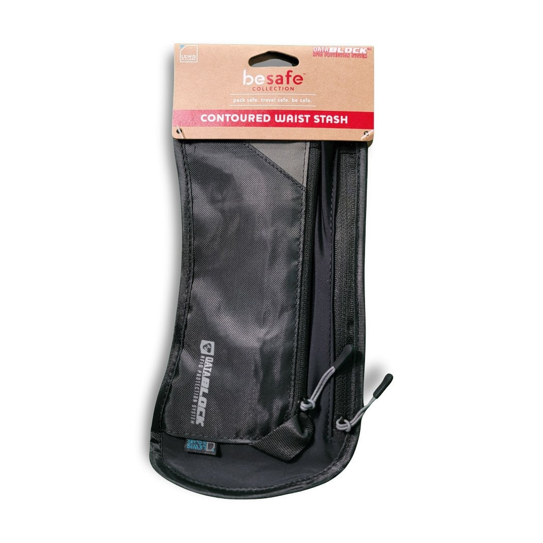 The Waist Stash is part of the BeSafe collection, featuring a flexible, contoured design with RFID-blocking technology. It's crafted from quick-dry spandex for comfort and security.
