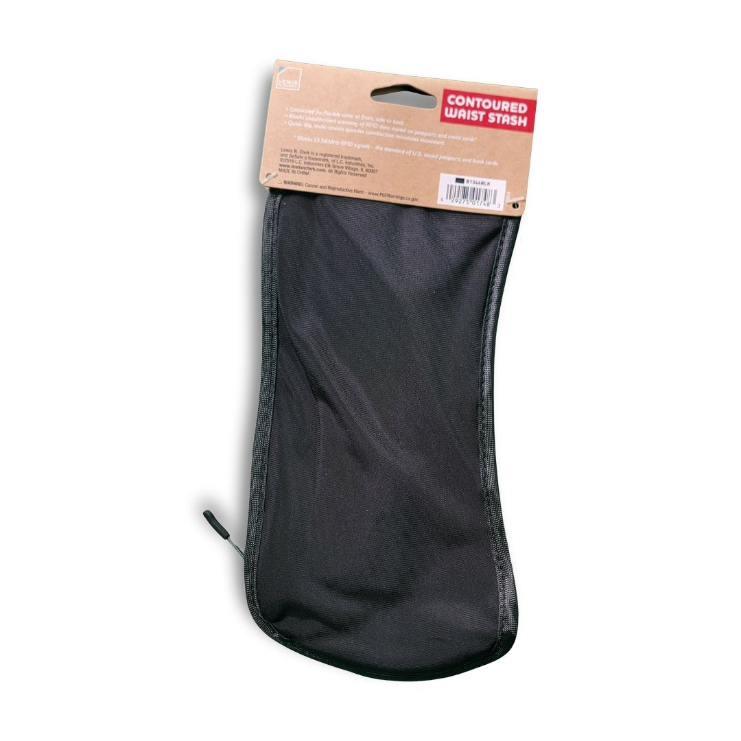 A Waist stash with a contoured design, crafted from quick-dry spandex and black fabric, features a cardboard label at the top for discreet storage.