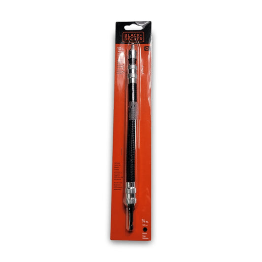 A Black & Decker 12" Flexible Bit Tip Shaft packaged in black and red cardboard with a clear plastic covering.