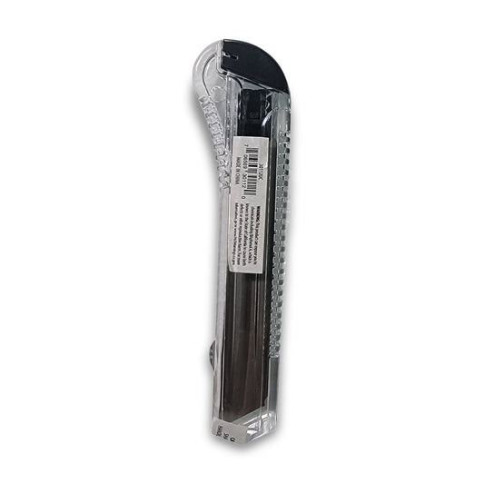 Box opener with a black handle and transparent plastic casing, featuring a barcode sticker with small text.