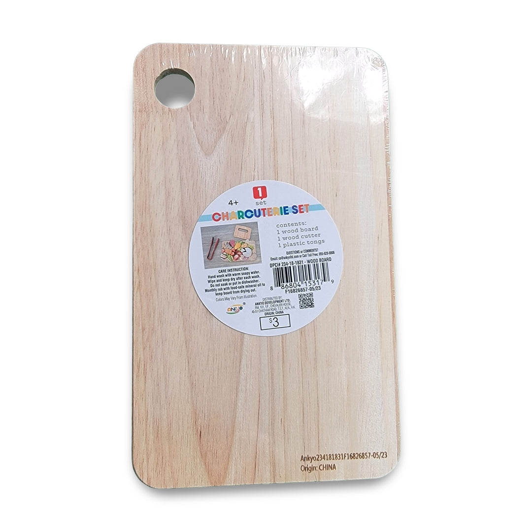 A Charcuterie set for kids 4+ includes a wooden board, one wood pick, two plastic forks, and a plastic tong, all wrapped in plastic with a label. Made in China.