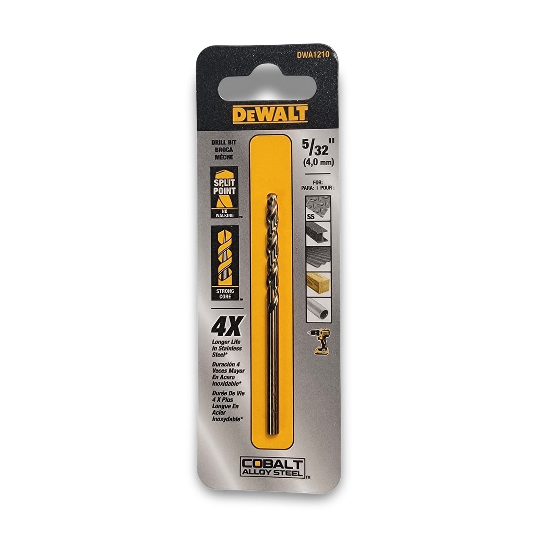 DeWalt's 5/32 cobalt drill bit in original packaging is suitable for wood, metal, plastic, and PVC.