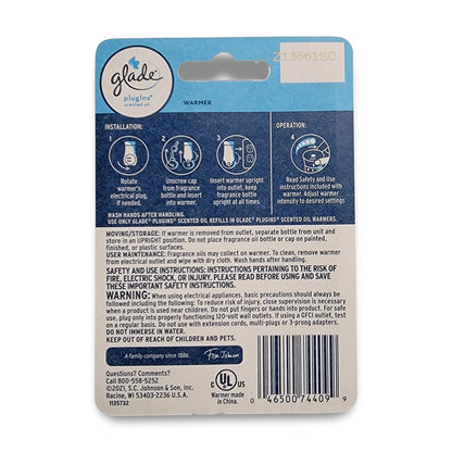 Back of a Glade Plug In Warmer package featuring installation and operation instructions, along with safety warnings.