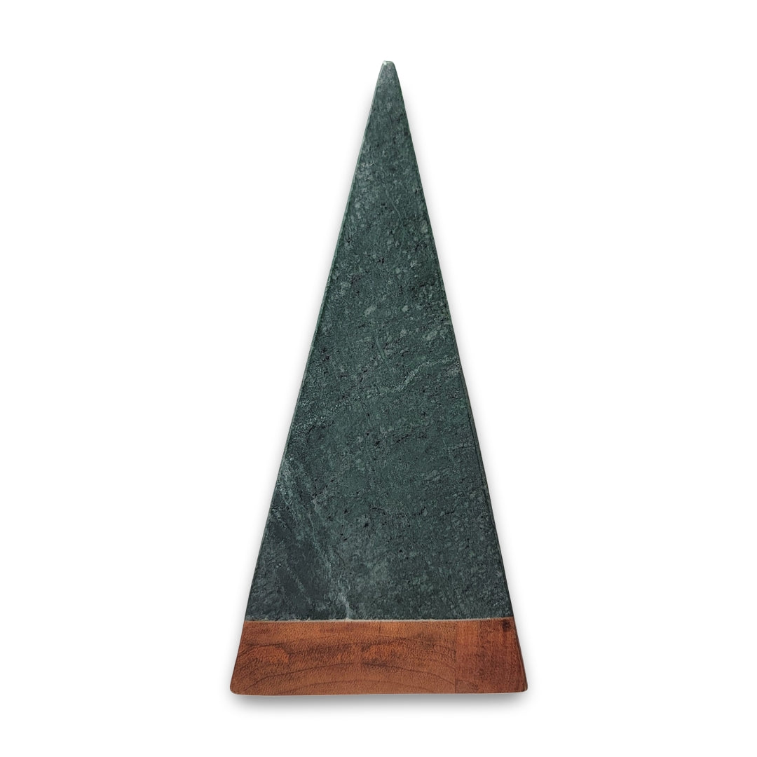 Decorative Pyramid with a dark green triangular marble surface and a wooden strip at the base, set against a white background.