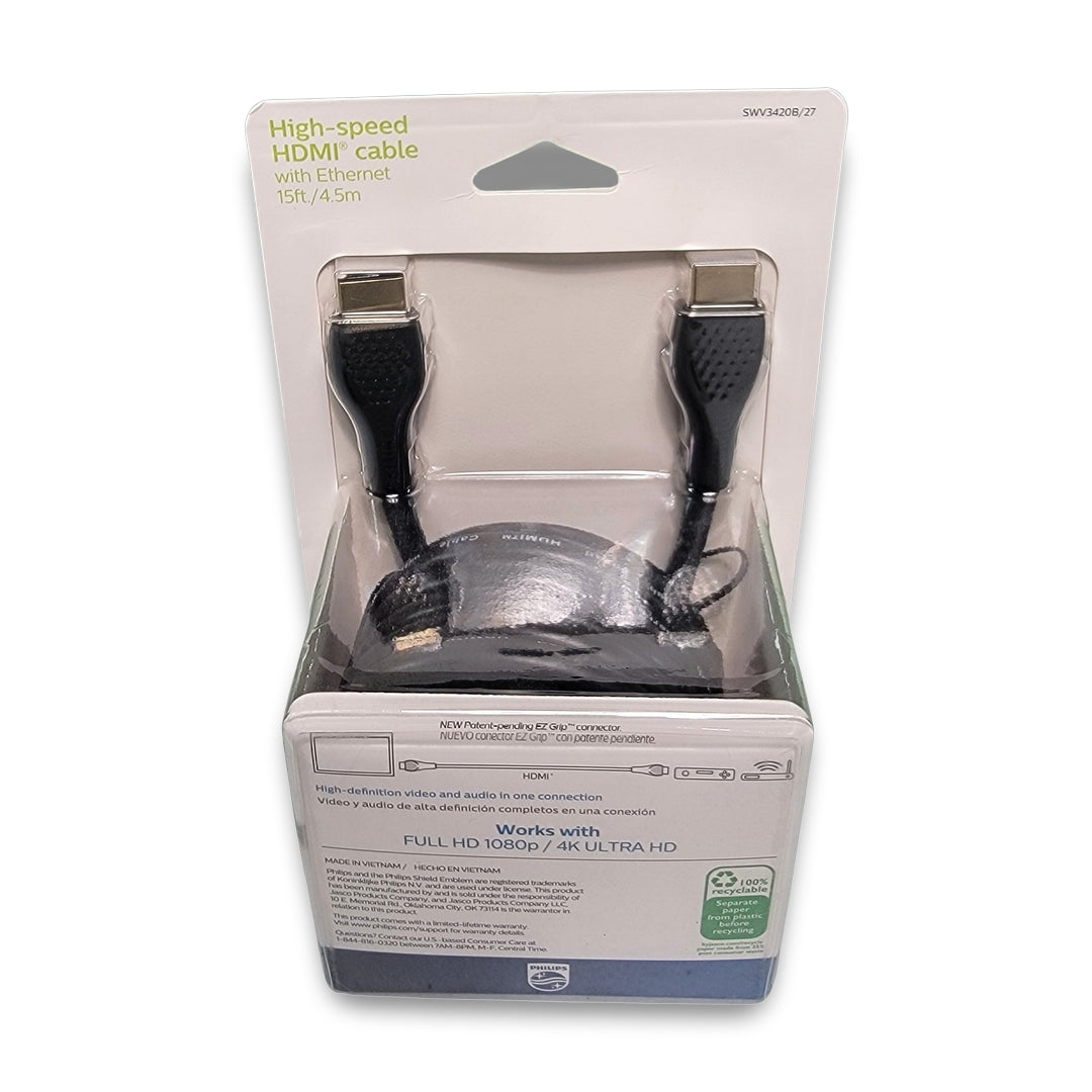 The High Speed HDMI Cable with Ethernet, 15ft/4.5m, supports Full HD 1080p and 4K Ultra HD; packaged in a transparent box.