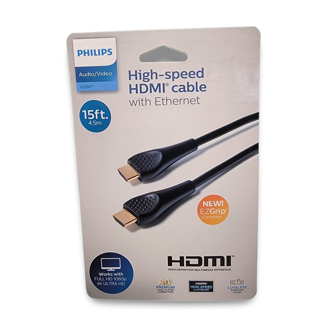 Packaging of a 15-ft (4.5m) High Speed HDMI Cable with Ethernet by Philips, equipped with EZGrip connectors.