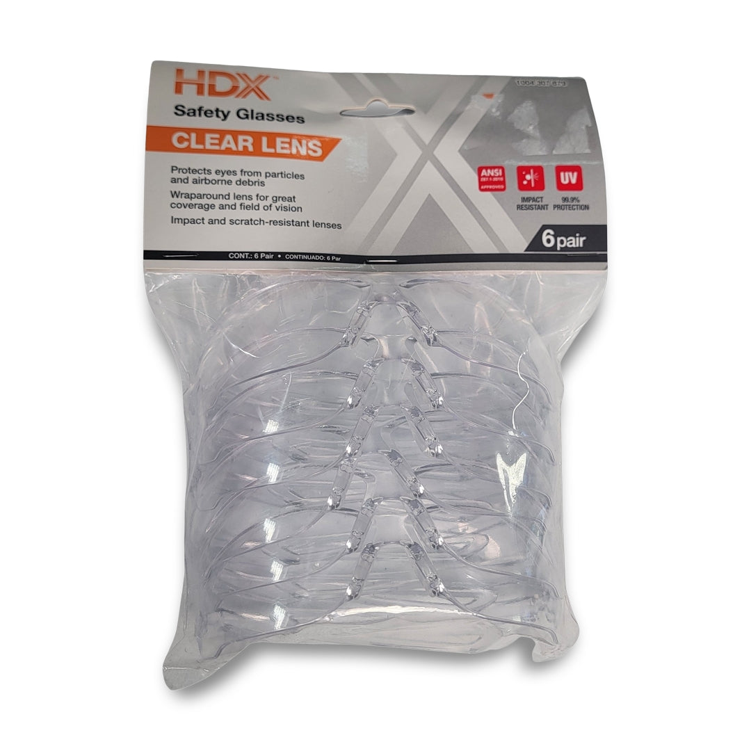 The HDX 6-Pack Clear Lens Safety Glasses offer UV protection, impact resistance, and full coverage.