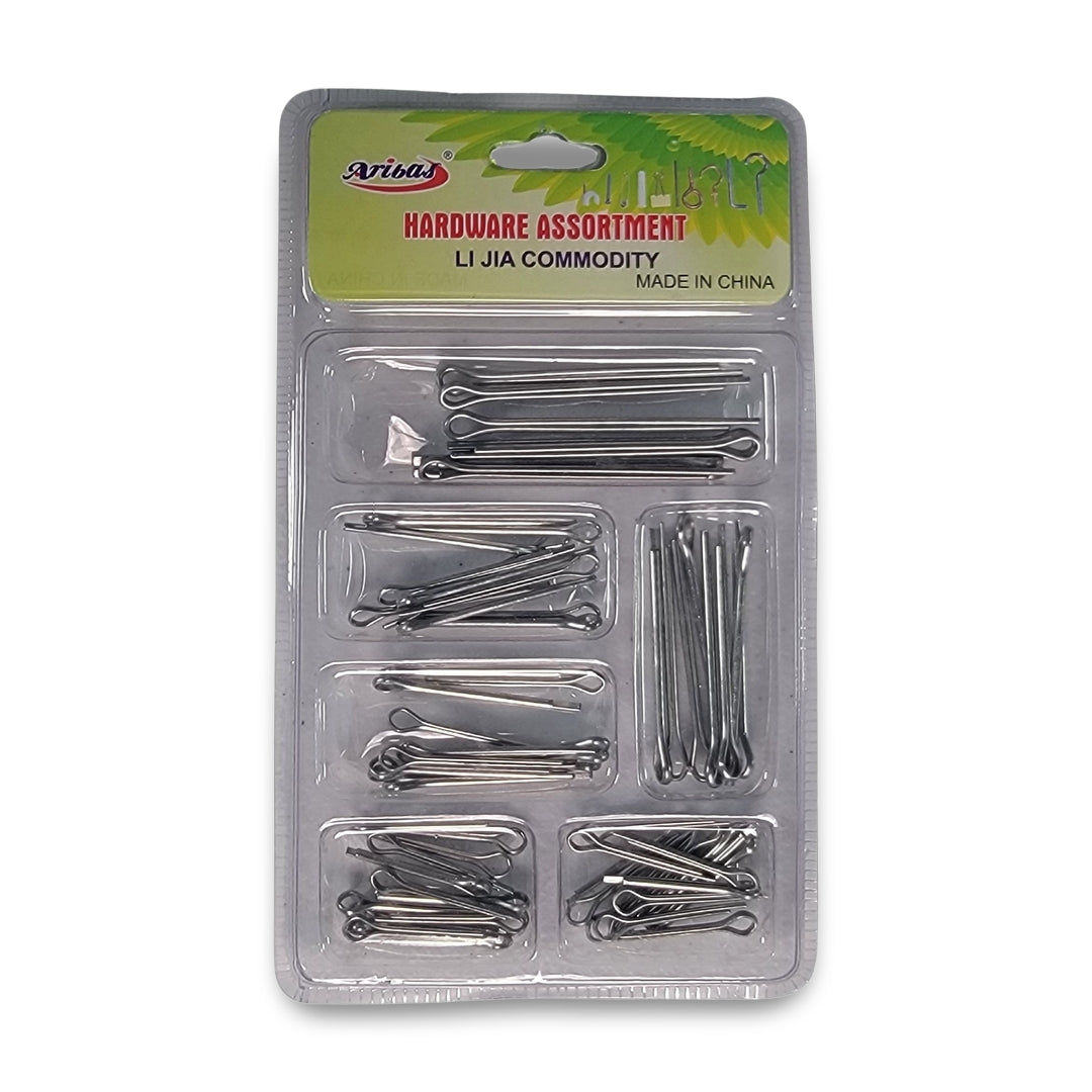 Blister pack labeled "hardware asst cotterpins" by Li Jia Commodity, containing assorted sizes of metal cotter pins.