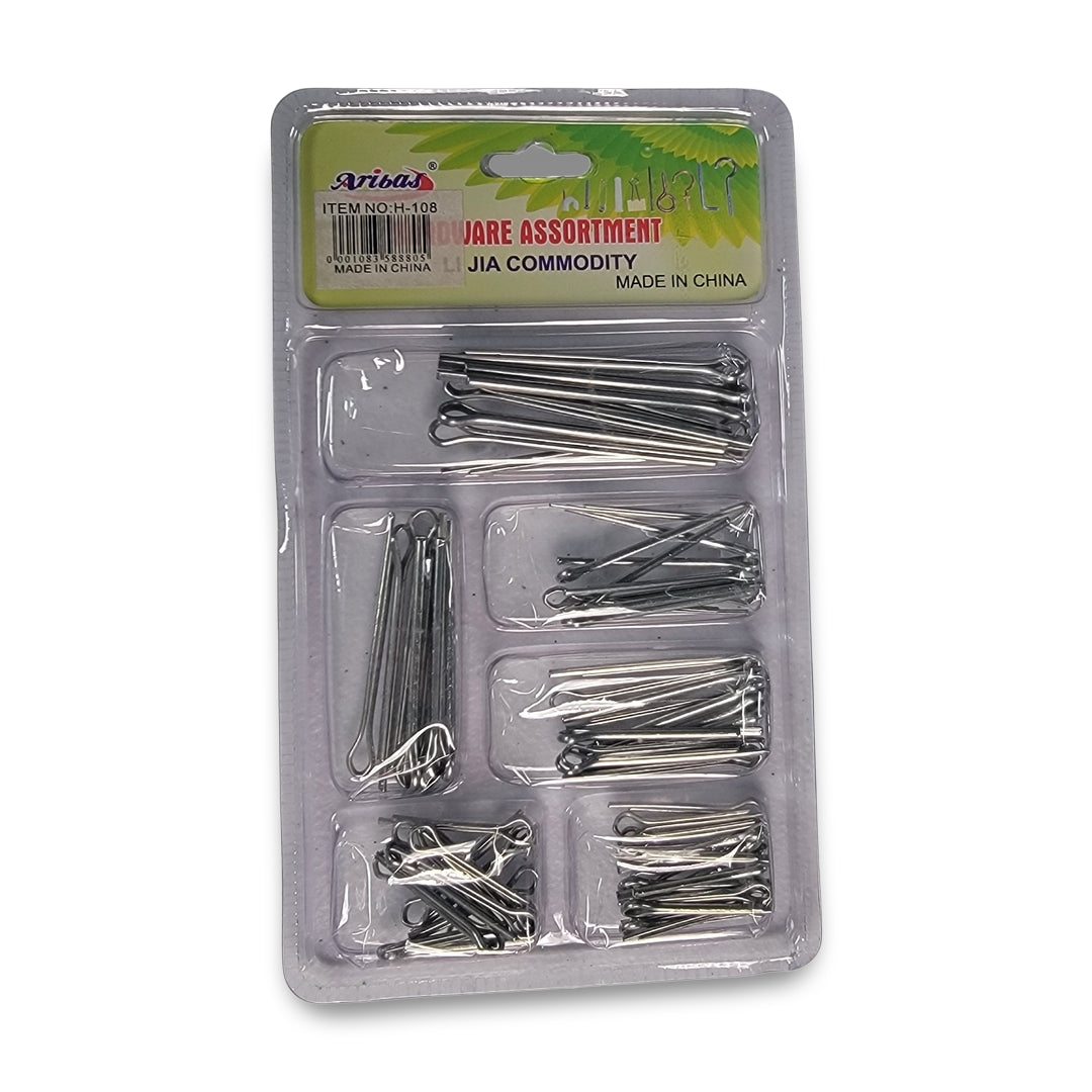 Plastic packaging with assorted silver cotter pins in various sizes and compartments. Label reads "Square Assortment" and "Ariosa". Made in China.