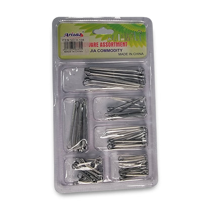 Plastic packaging with assorted silver cotter pins in various sizes and compartments. Label reads "Square Assortment" and "Ariosa". Made in China.