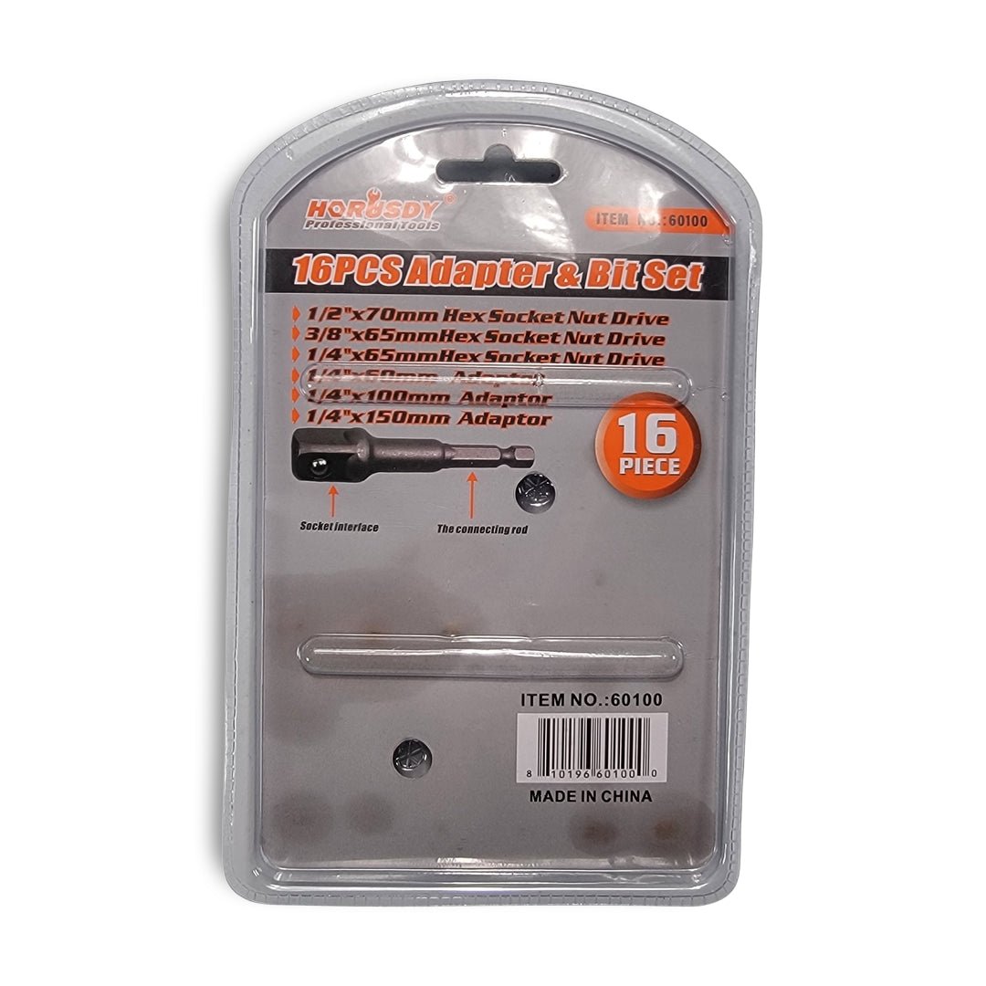 The Horusdy 16pc Adapter & Bit Set is a packaged collection labeled "HORSBY," featuring various hex socket nut drives and adapters, marked "Made in China.
