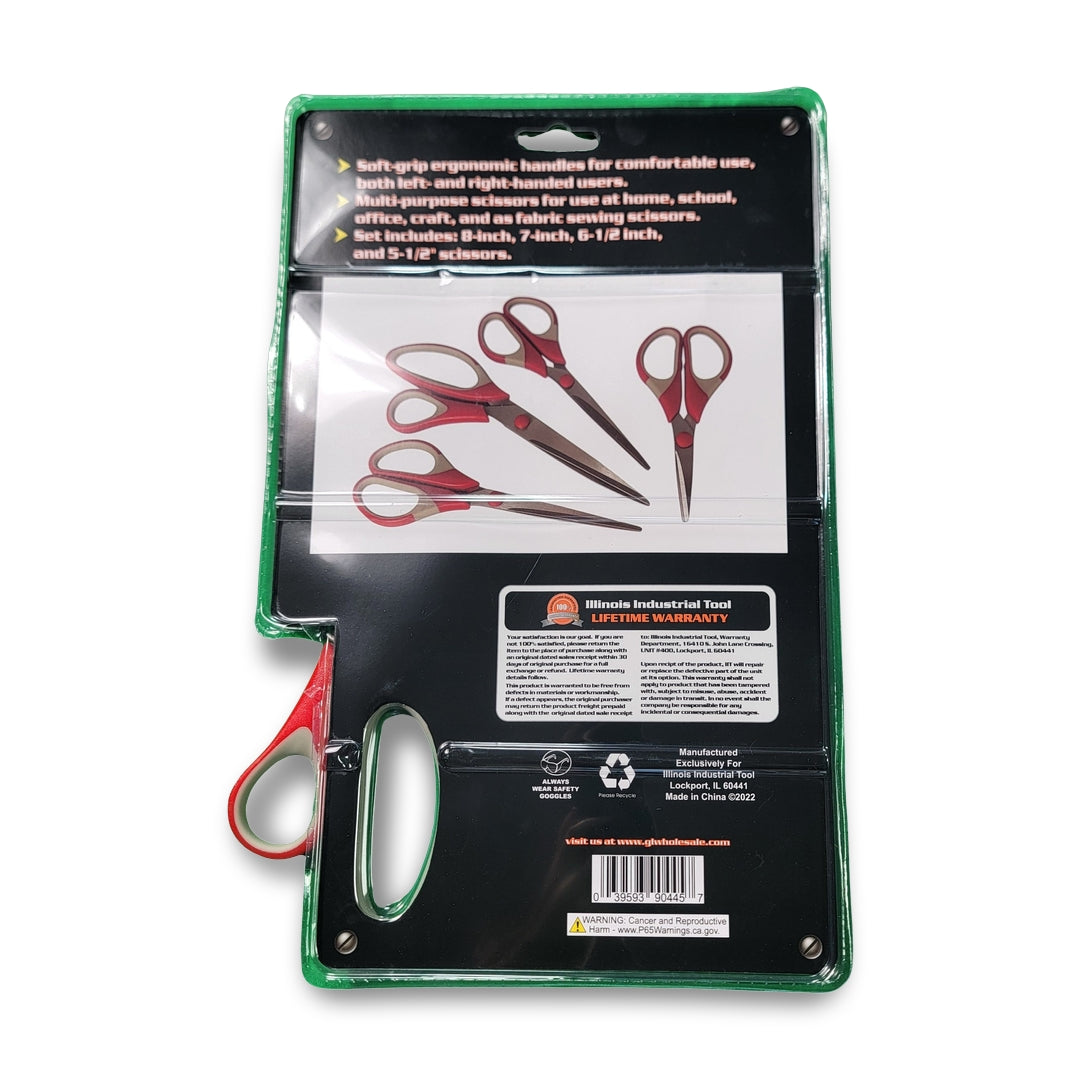 The packaging of iiT Soft Grip 4pc Scissor Sets showcases various sizes with red handles, ergonomic feature details, a lifetime warranty note, and a recycling symbol.