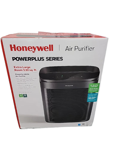 Honeywell Power Plus HEPA 530 sq. ft. Room Air Purifier's box for extra-large spaces features a powerful HEPA filter.