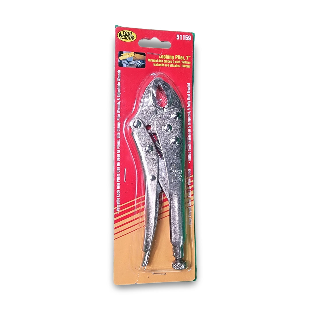 The Tool Cache 7" Locking Pliers by 100% Pacific are packaged with an image of the tool in use on the upper left and product details on a red and yellow cardstock background.