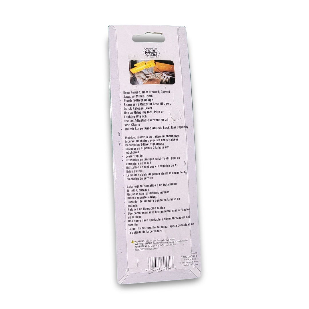 The image displays the back of a Tool Cache 7" Locking Pliers package, featuring multilingual descriptions of product features and specifications.