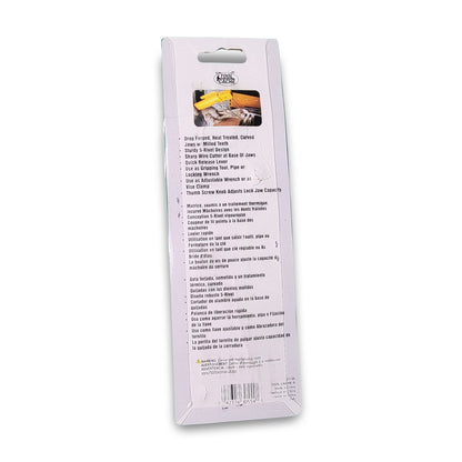 The image displays the back of a Tool Cache 7" Locking Pliers package, featuring multilingual descriptions of product features and specifications.