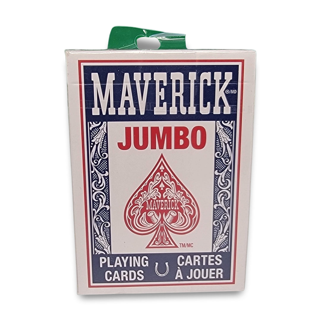 Box of Maverick jumbo playing cards featuring a red spade design and labeled with "Playing Cards" and "Cartes à Jouer.