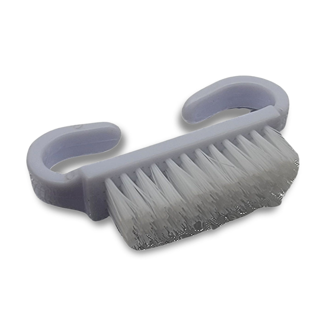 The Mini Cleaning Brush features a white handle with two hooked ends for easy grip and medium-soft white bristles for effective cleaning.