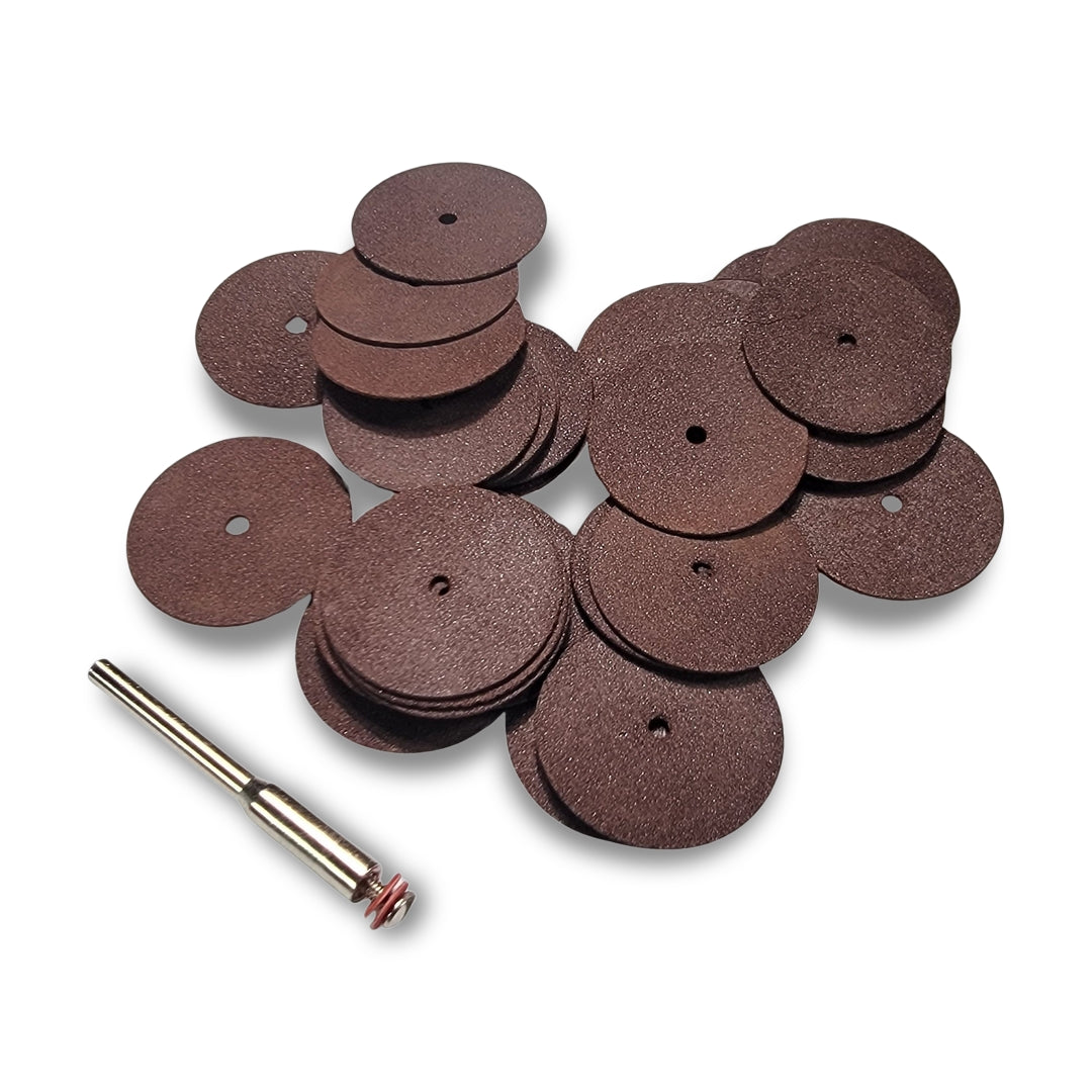 A set of 20 brown rotary tool cut-off wheels with a metal mandrel.