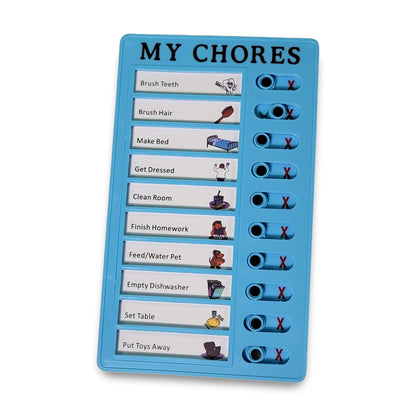 The "my chores" chart includes tasks like brushing teeth, making the bed, and cleaning the room. Some tasks are marked complete with red Xs.