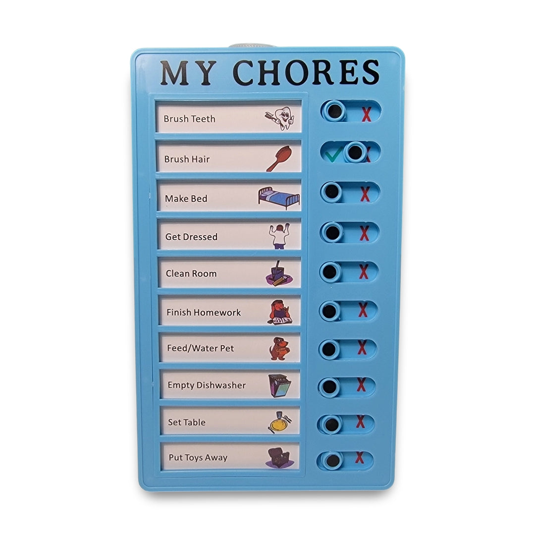 The "my chores" chart features a blue design with tasks on the left and checkboxes on the right, indicating which tasks are completed and which are not.
