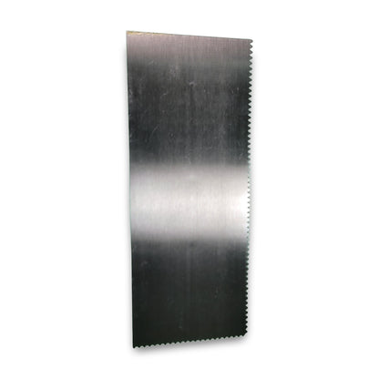 A vertical QLT Notched Trowel, resembling a rectangular metal saw blade with small teeth on one edge, is shown against a white background.