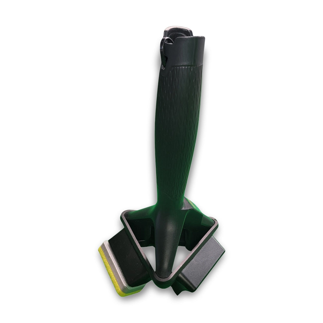 A Rubbermaid quick change tool, a black handheld knife sharpener featuring two sharpening slots and a textured grip handle, is displayed upright against a white background.