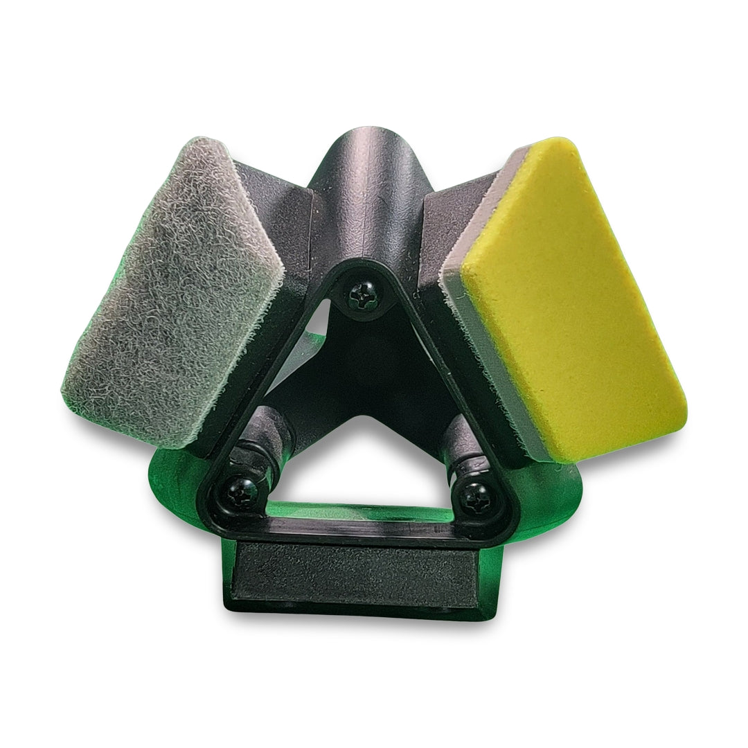 The Rubbermaid quick change tool features a triangular design with two cleaning pads: one gray and textured, the other yellow and smooth.