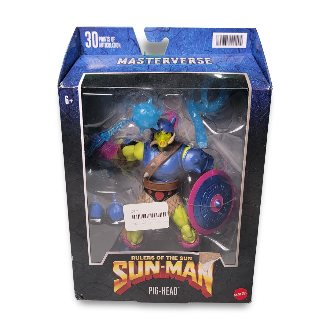 The Masters of the Universe Masterverse Pig-Head Action figure comes in its packaging, has 30 points of articulation, and is suitable for ages 6 and up.