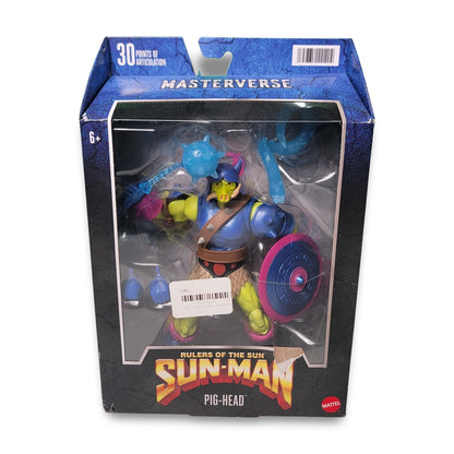 The Masters of the Universe Masterverse Pig-Head Action figure comes in its packaging, has 30 points of articulation, and is suitable for ages 6 and up.