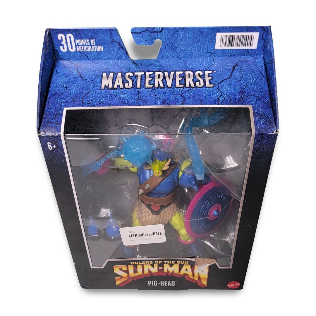 The Masters of the Universe Masterverse Pig-Head action figure from "Rulers of the Sun" comes in blue packaging and features 30 points of articulation.