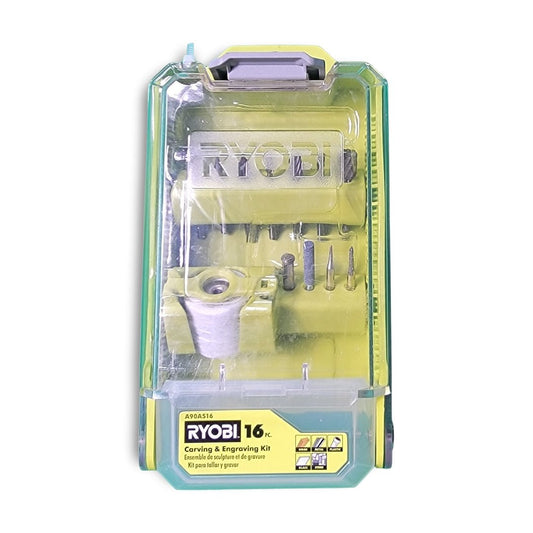 The RYO Carving and Engraving Kit (16-Piece) m17360506 is neatly organized in a clear case, displaying various bits. Perfect for detailed crafting projects, this versatile set ensures precision and quality for every task.