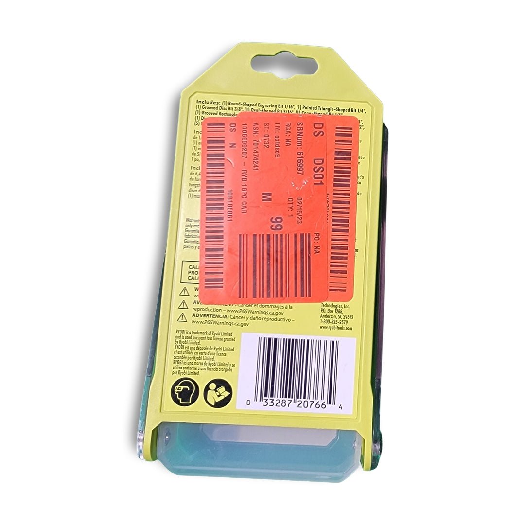 The RYO Carving and Engraving Kit (16-Piece) m17360506 includes neatly packaged items with yellow and black backing, a transparent front, and is partially covered by a large red sticker with a barcode and price, perfect for starting your projects immediately.
