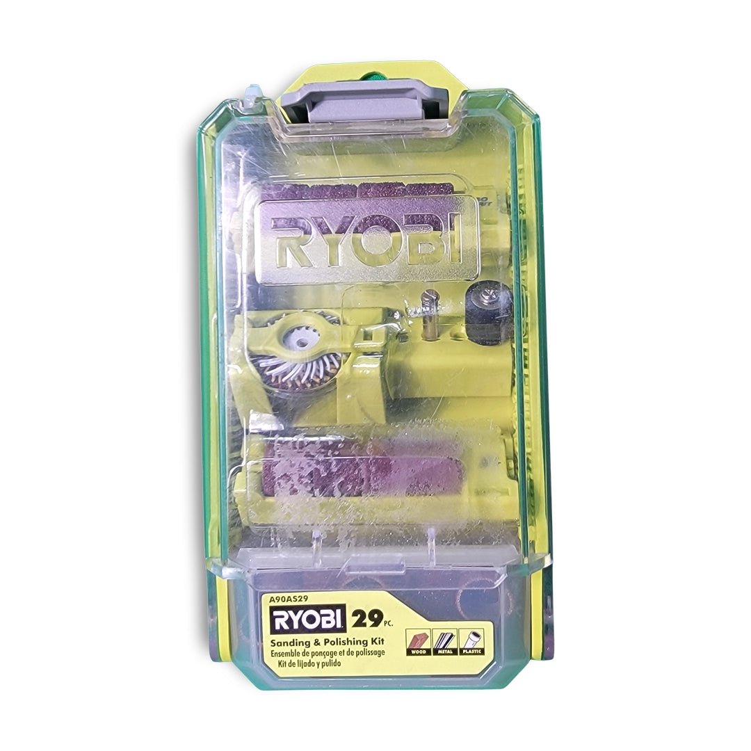 The versatile RYO Sanding and Polishing Kit (29-Piece, m17360506) includes 29 tools and accessories, neatly organized in a clear plastic case with green accents for your projects.