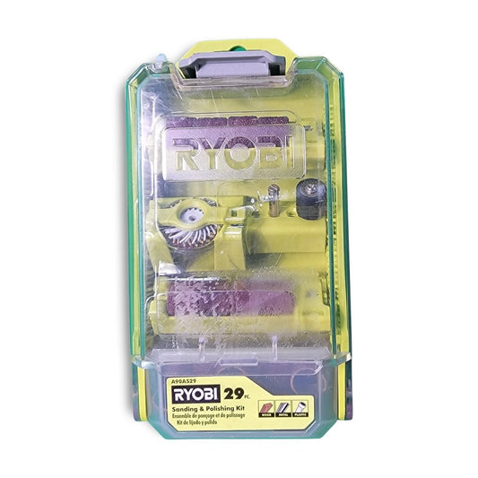 The versatile RYO Sanding and Polishing Kit (29-Piece, m17360506) includes 29 tools and accessories, neatly organized in a clear plastic case with green accents for your projects.