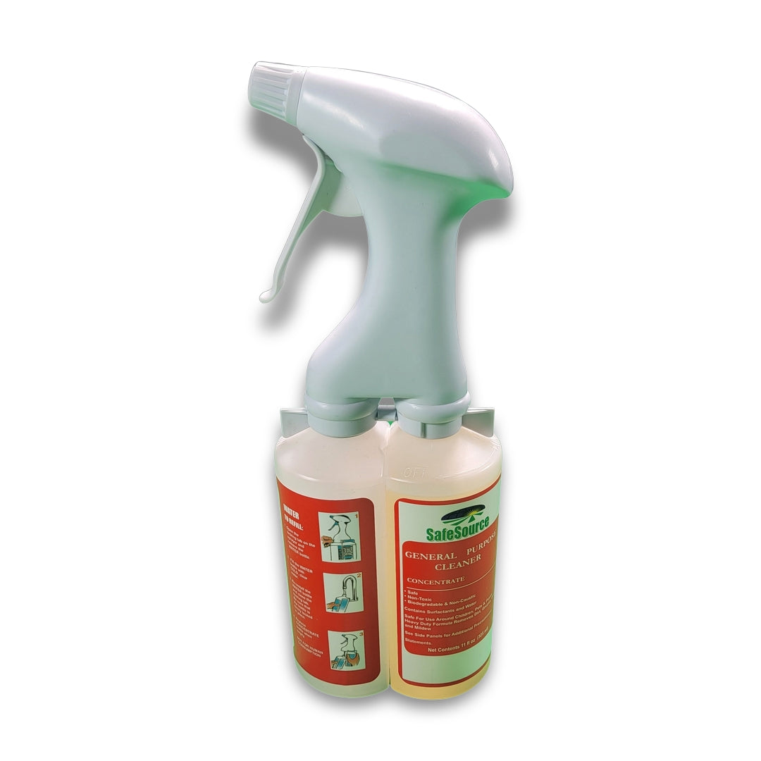 The Safe Source 11 Oz. General Purpose Concentrated Cleaner is a dual spray bottle with red labels, white trigger, and green logo for versatile cleaning needs. The left bottle displays usage instructions.