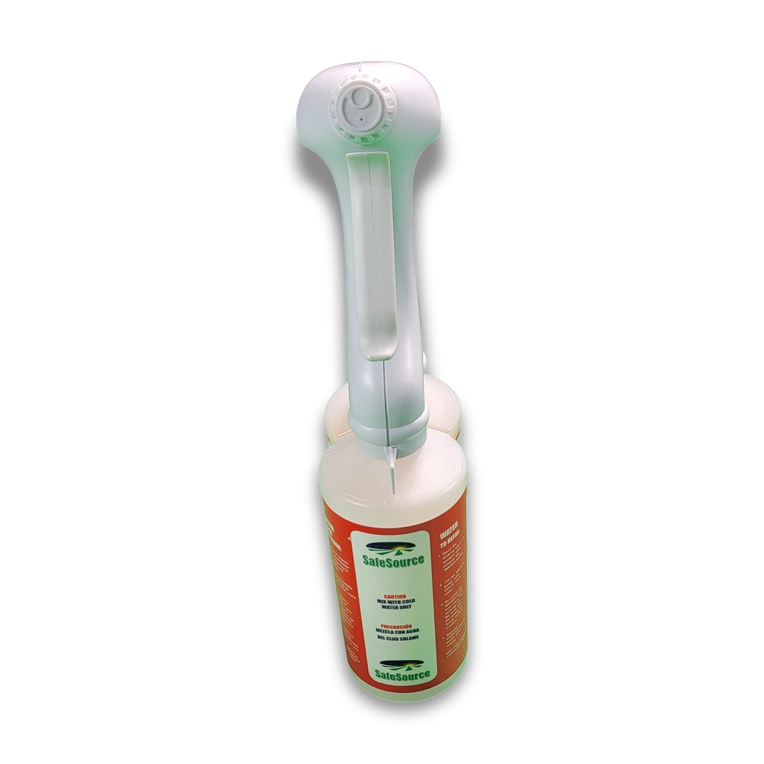 A spray bottle labeled "Safe Source 11 Oz. General Purpose Concentrated Cleaner" features a long, curved trigger handle with orange and green accents on a white background.