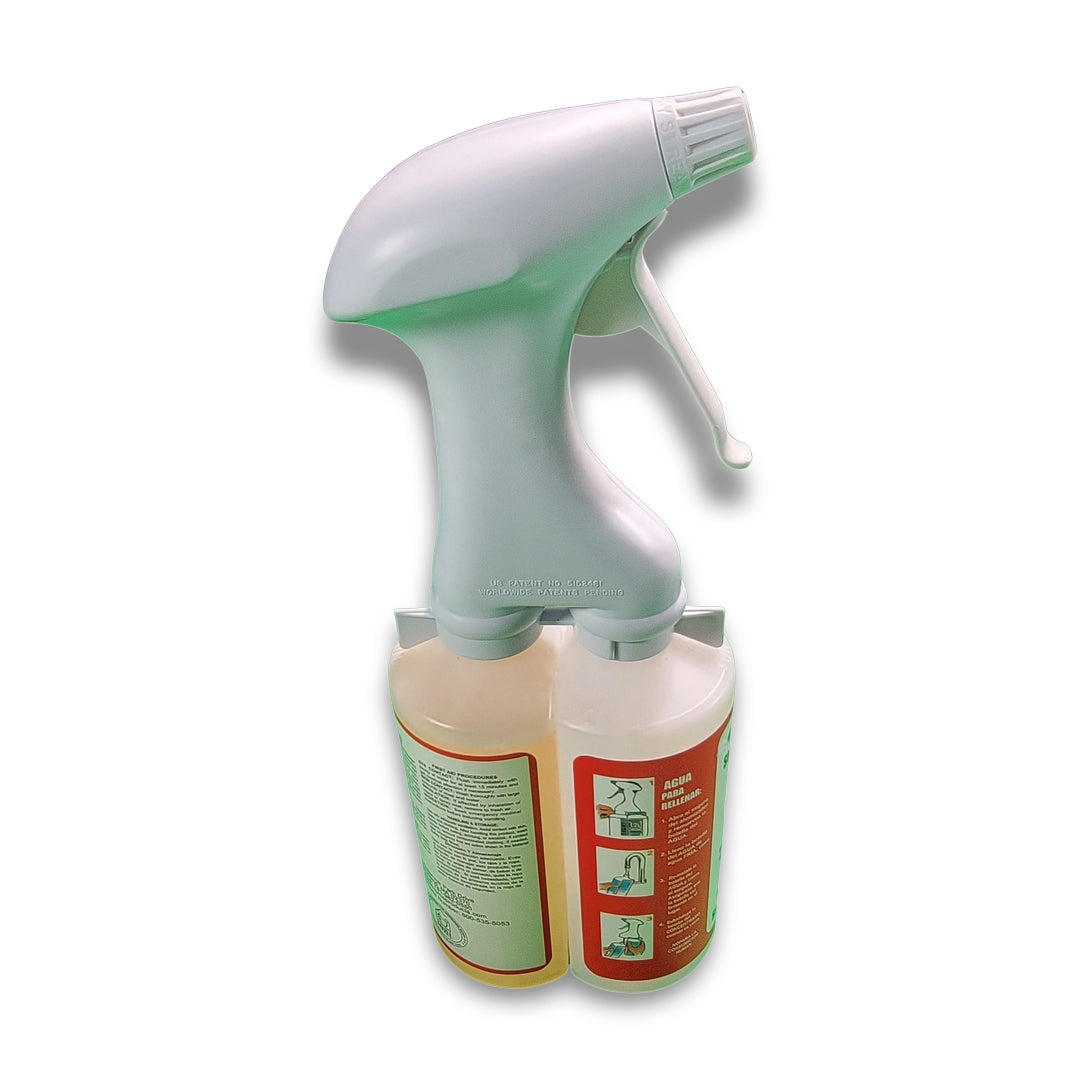The Safe Source 11 Oz. General Purpose Concentrated Cleaner is a dual-chamber spray bottle with a trigger nozzle; one chamber contains clear liquid, while the other has red and white labels featuring instructions and diagrams.